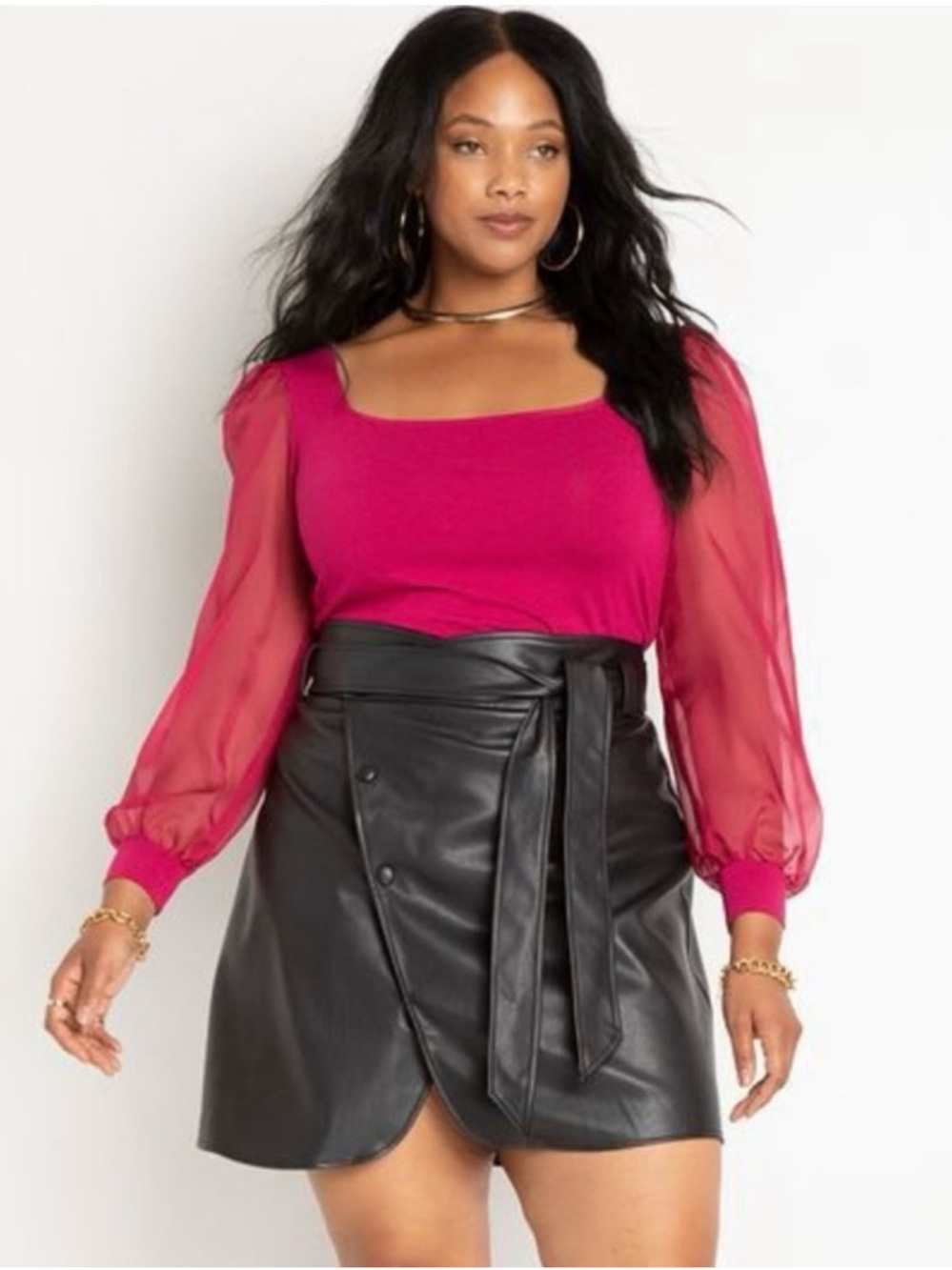 ELOQUII Fuchsia Square-Neck Top with Sheer Balloon Sleeves
